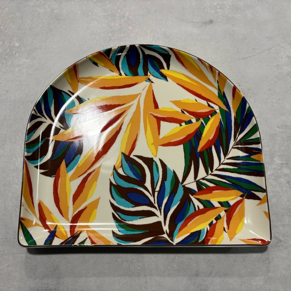 Tabitha Brown Serving Platter Appetizer Tray Yellow Blue Palm Leaves Gold Trim